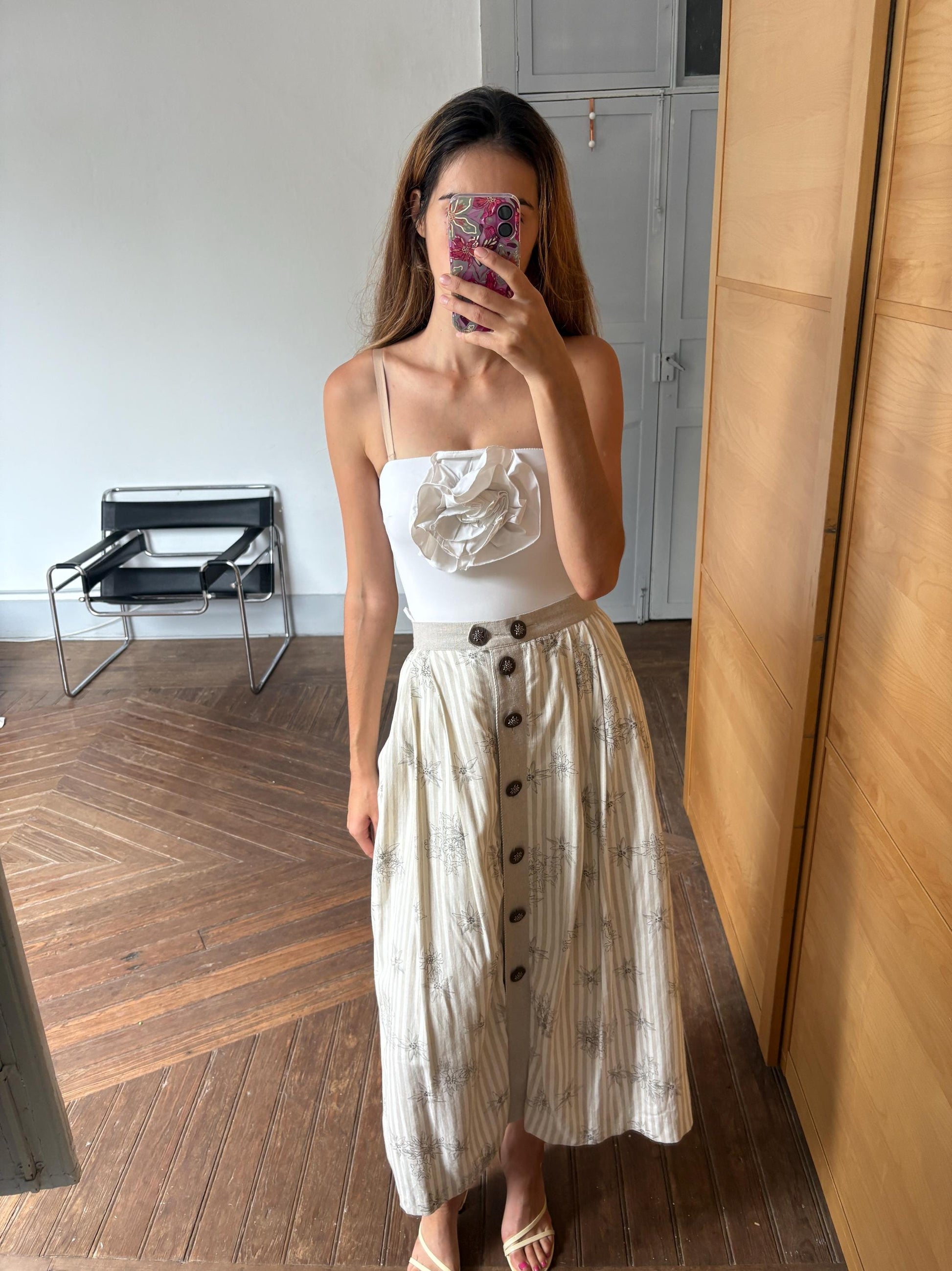 Beige and white striped Austrian trachten, Vintage Cottage core folklore clothing, Linen blend maxi skirt, German Dirdnl antique skirt
