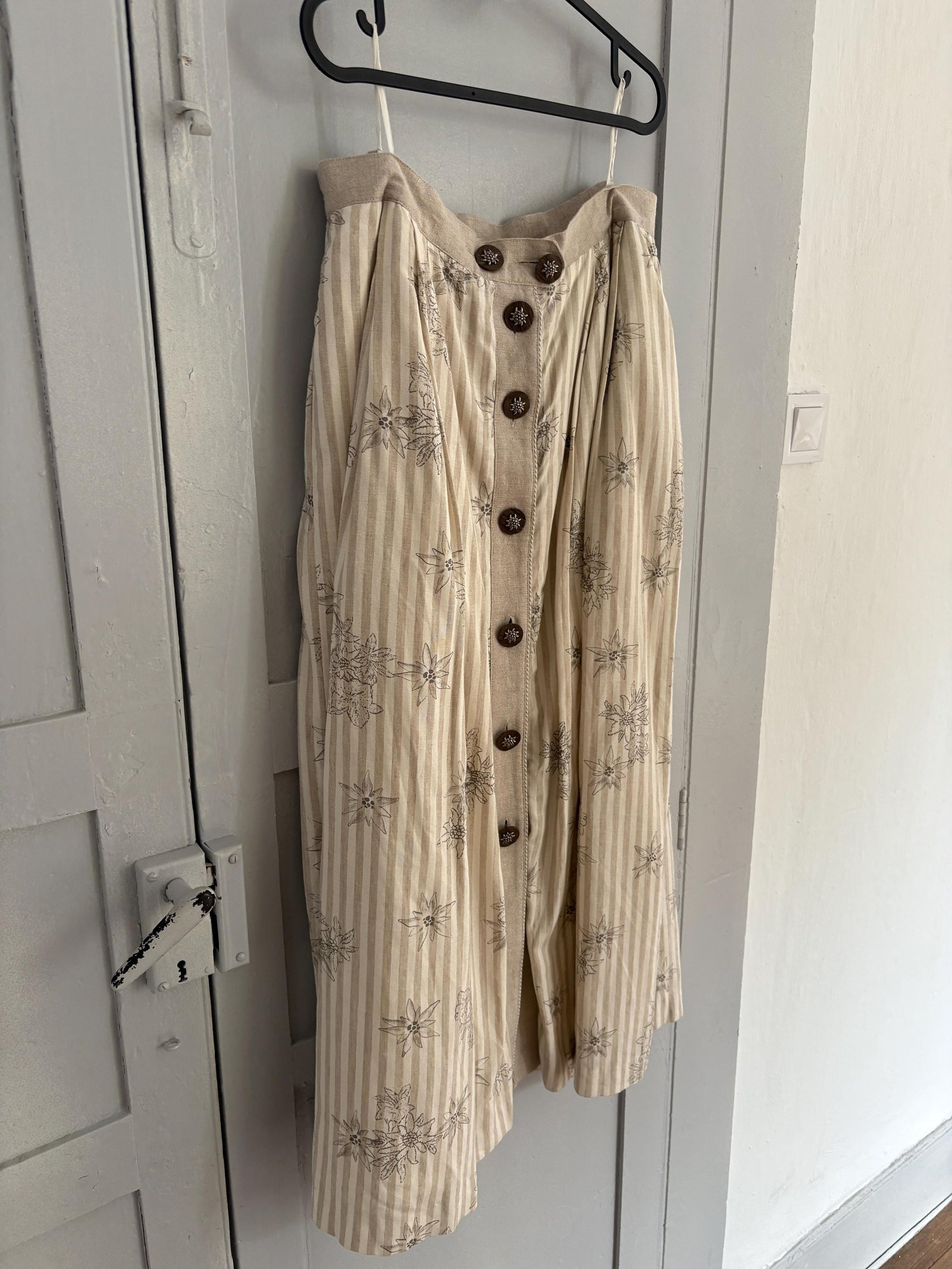 Beige and white striped Austrian trachten, Vintage Cottage core folklore clothing, Linen blend maxi skirt, German Dirdnl antique skirt