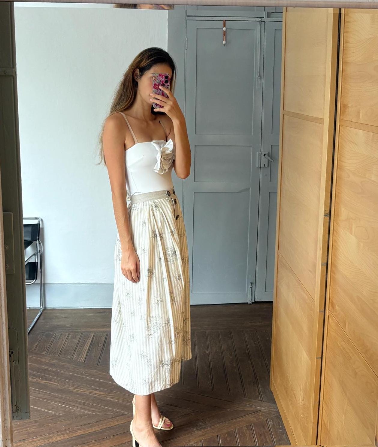 Beige and white striped Austrian trachten, Vintage Cottage core folklore clothing, Linen blend maxi skirt, German Dirdnl antique skirt