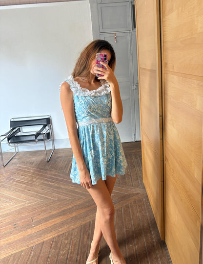 Vintage Handmade blue floral mini dress, Lace short dress, XXS - EU 32, Petite body