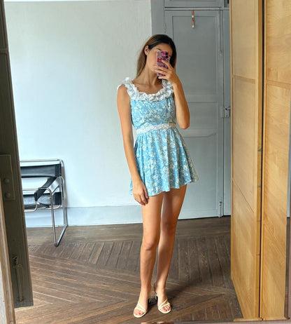 Vintage Handmade blue floral mini dress, Lace short dress, XXS - EU 32, Petite body