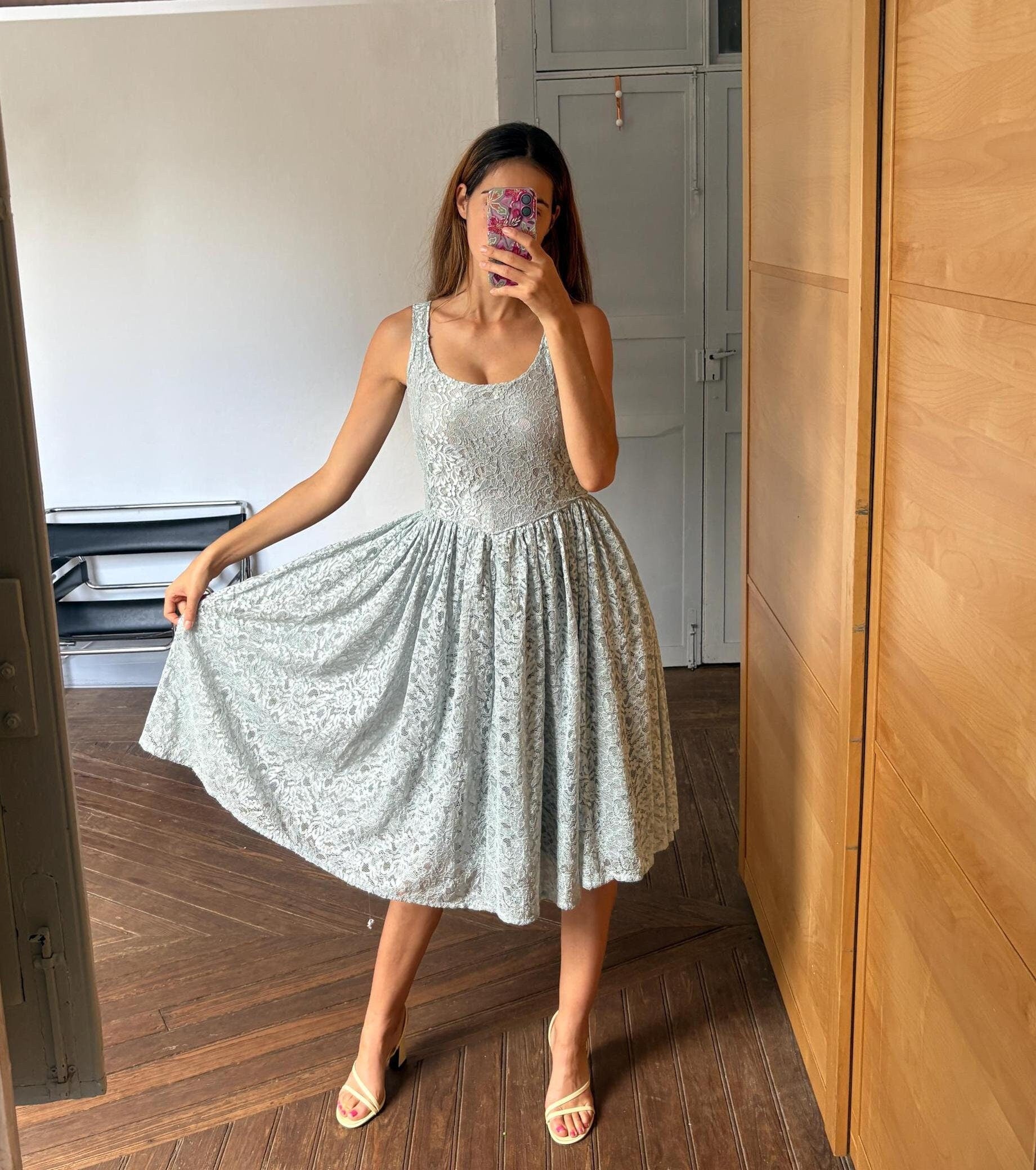 Vintage Handmade pastel blue lace princess dress, Ball gown light blue summer dress, Elegant wedding guest outfit