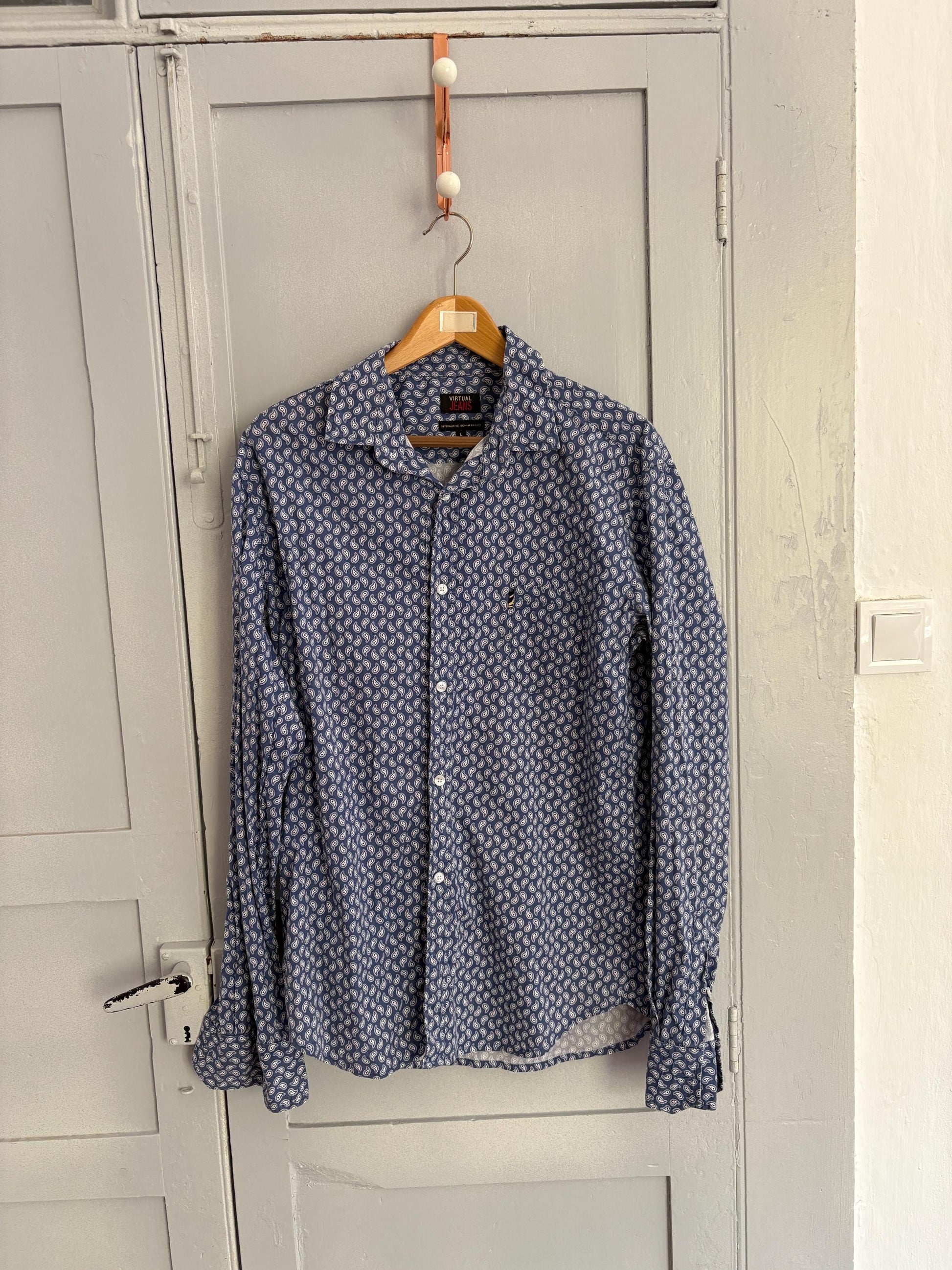 Vintage Paisley print Men's button up shirt, Blue and white Oxford shirt, Elegant playful blouse