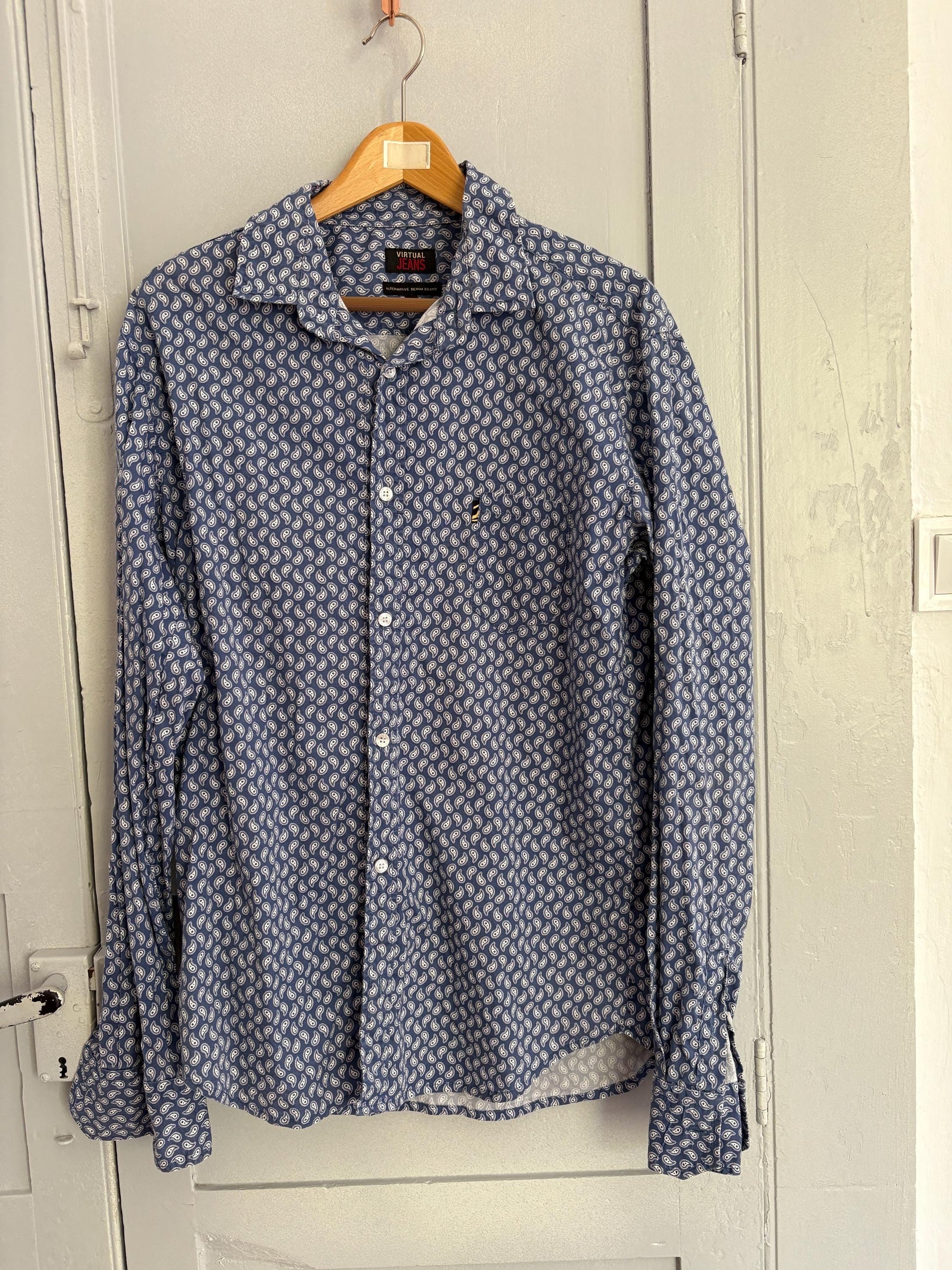Vintage Paisley print Men's button up shirt, Blue and white Oxford shirt, Elegant playful blouse
