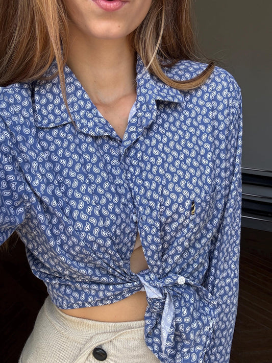Vintage Paisley print Men's button up shirt, Blue and white Oxford shirt, Elegant playful blouse