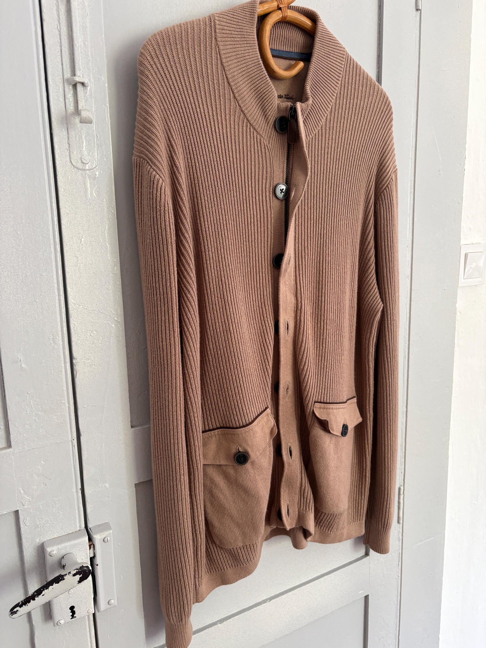 Vintage tan Emidio Tucci Luxe cardigan - Long sleeved cashmere blend light brown vest, Super soft winter knit sweater, Designer Jumper, XL