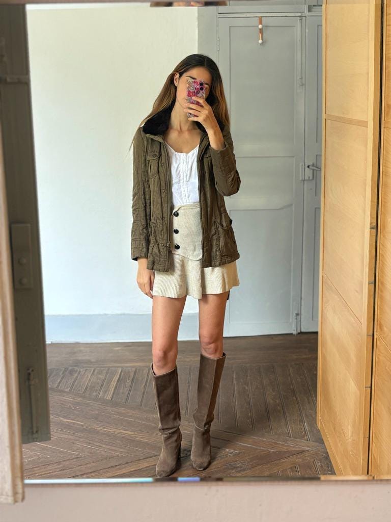 Laurèl moss green parka, Luxury vintage designer wear, Forest outing clothing,