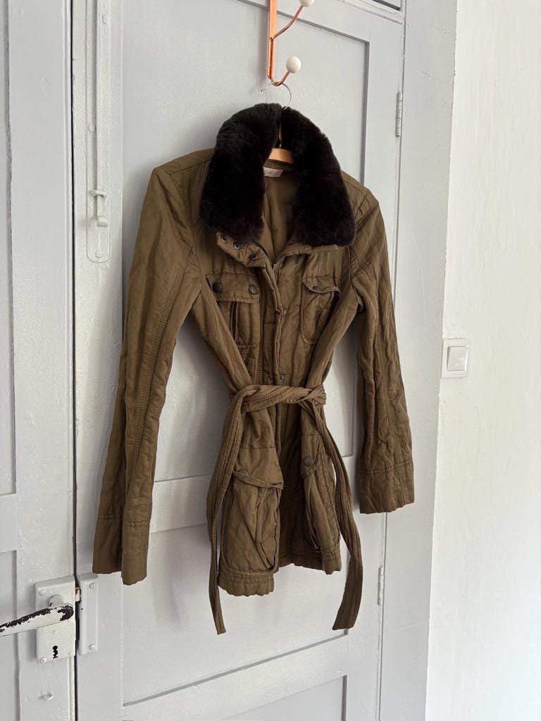Laurèl moss green parka, Luxury vintage designer wear, Forest outing clothing,