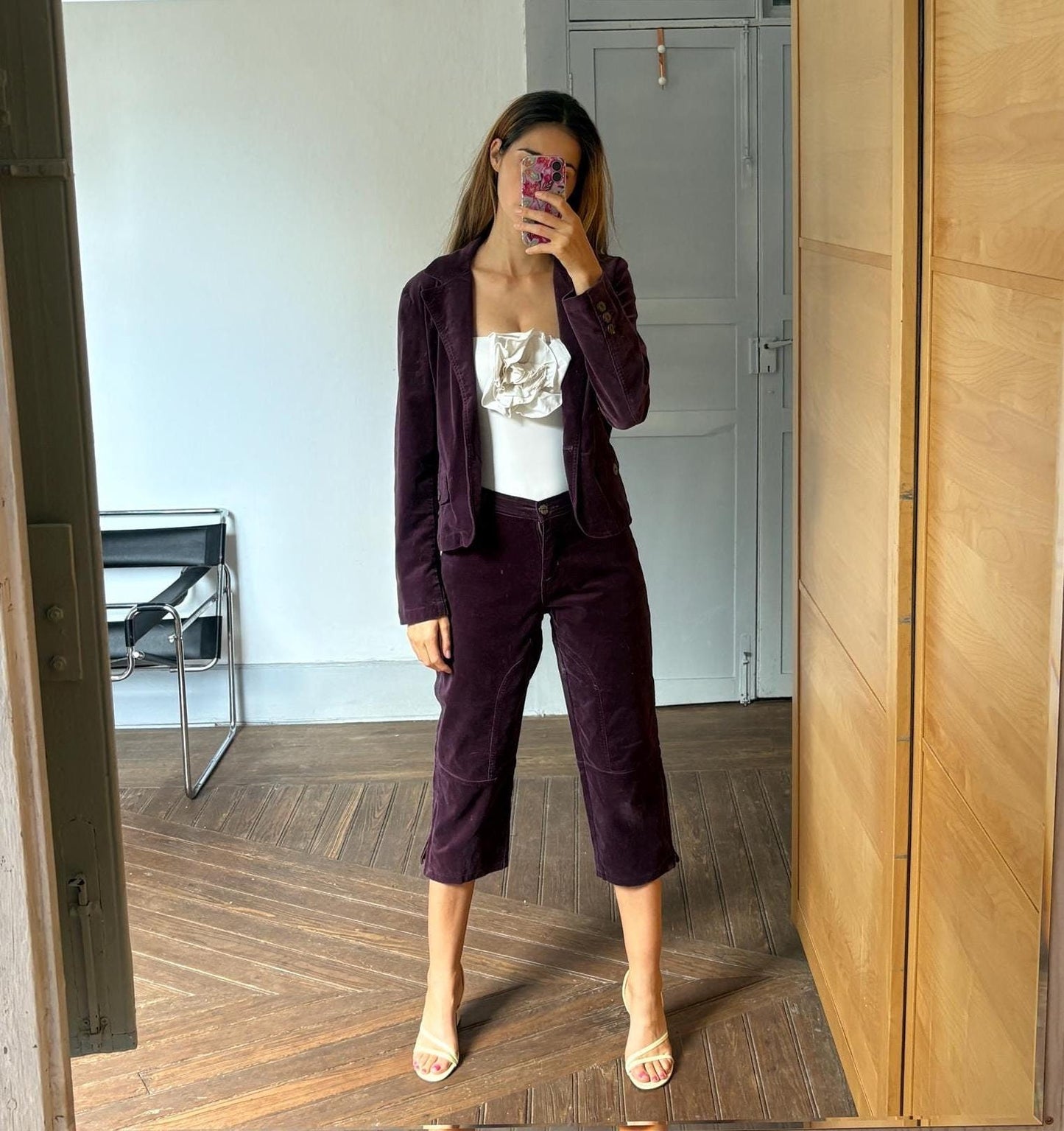 Vintage dark purple velvet clothing set, Velour eggplant two piece work suit.