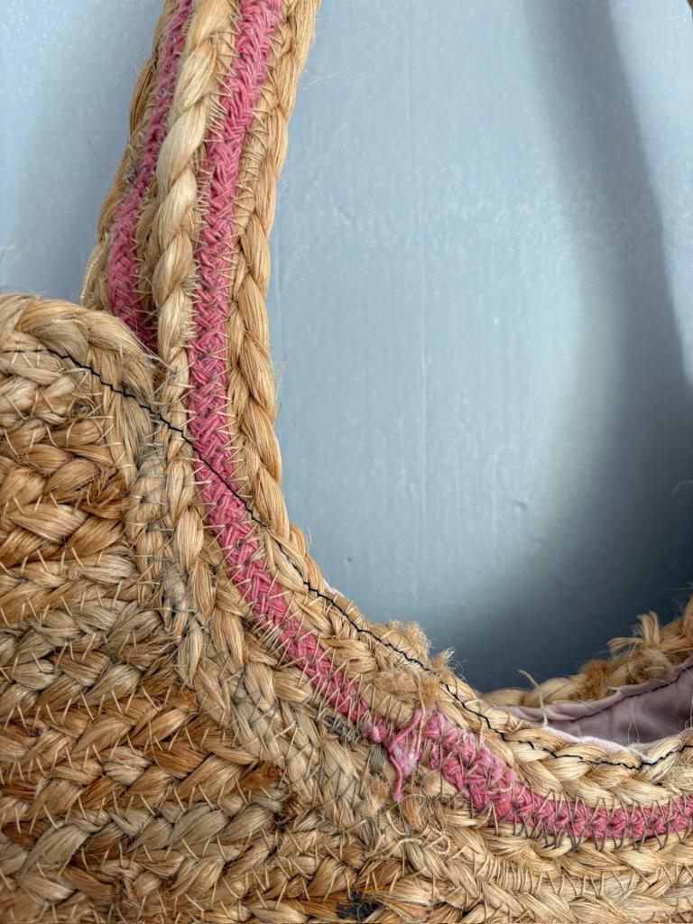 Rattan woven beach bag, Pink and beige large shopper, Market shoulder bag, Luxury beige Sisal woven summer bag, Luxury woman purse