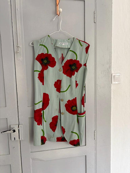Minimil Vintage Poppy Print Dress, Sleeveless Retro Waistcoat, Blue