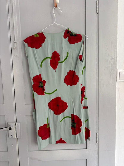 Minimil Vintage Poppy Print Dress, Sleeveless Retro Waistcoat, Blue