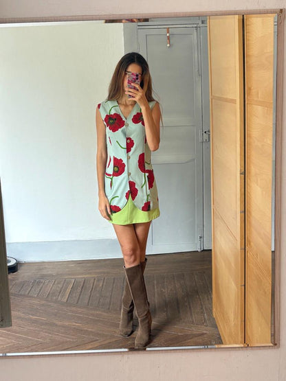 Minimil Vintage Poppy Print Dress, Sleeveless Retro Waistcoat, Blue