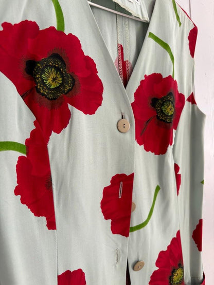 Minimil Vintage Poppy Print Dress, Sleeveless Retro Waistcoat, Blue