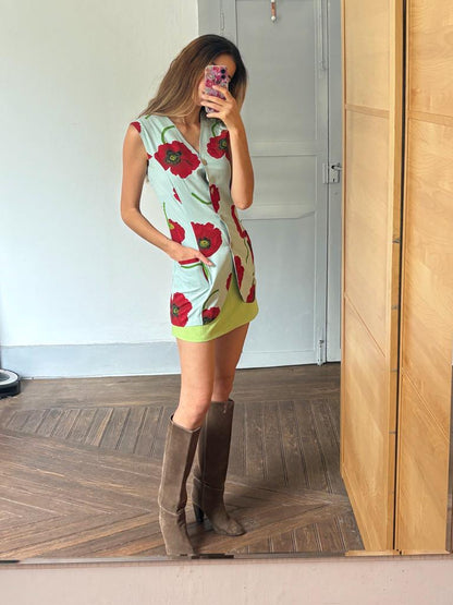 Minimil Vintage Poppy Print Dress, Sleeveless Retro Waistcoat, Blue