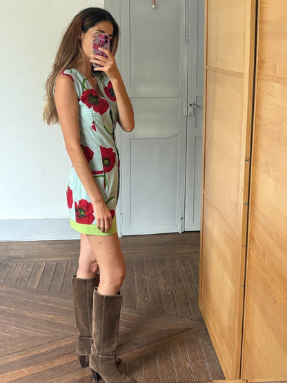 Minimil Vintage Poppy Print Dress, Sleeveless Retro Waistcoat, Blue