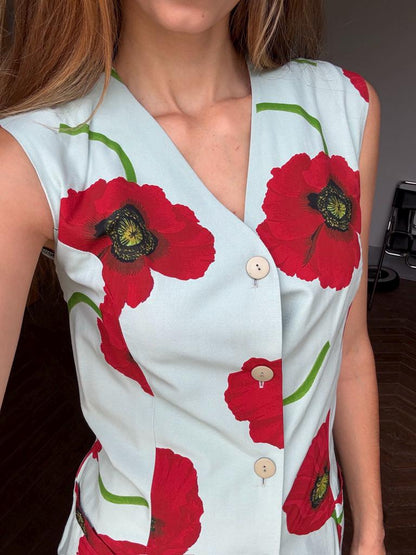 Minimil Vintage Poppy Print Dress, Sleeveless Retro Waistcoat, Blue