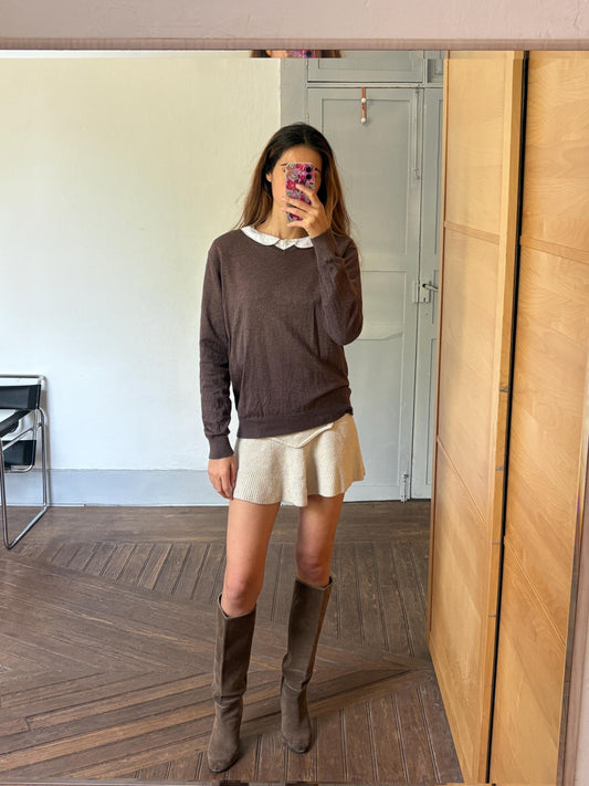 Cotton - Silk - Cashmere brown jumper, Vintage Massimo Dutti dark academia sweater, Luxe v - neck winter wear, Super soft knit shirt