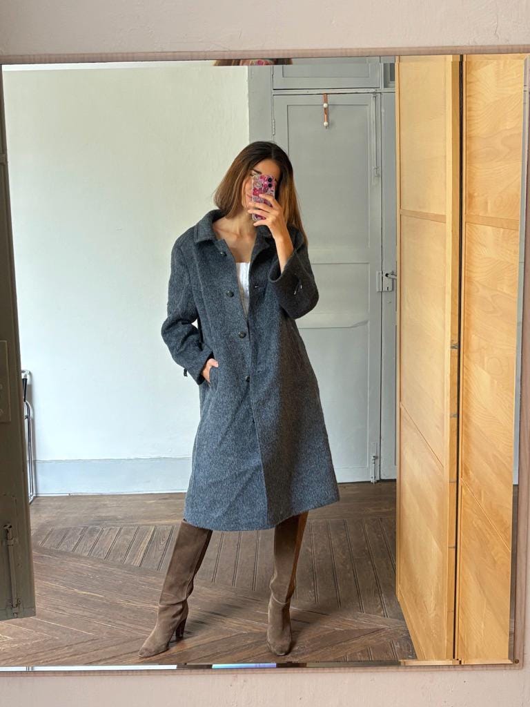 Vintage blue LLama wool coat, Alpaca Women's Long Winter Coat, Merino wool long ciat