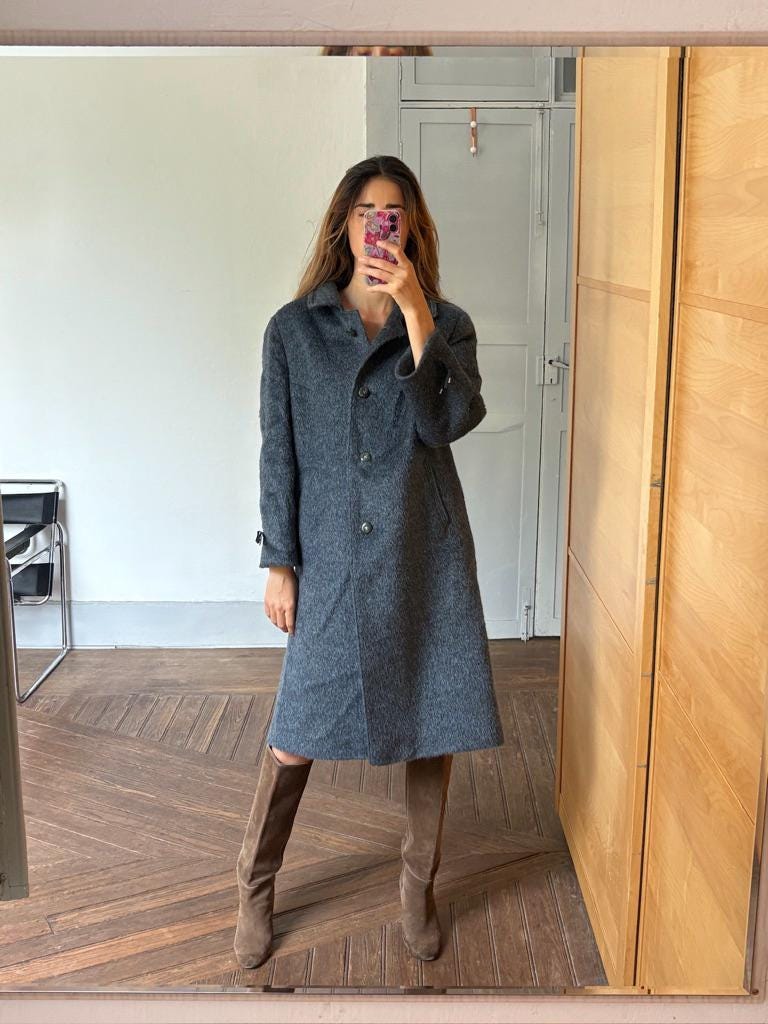 Vintage blue LLama wool coat, Alpaca Women's Long Winter Coat, Merino wool long ciat