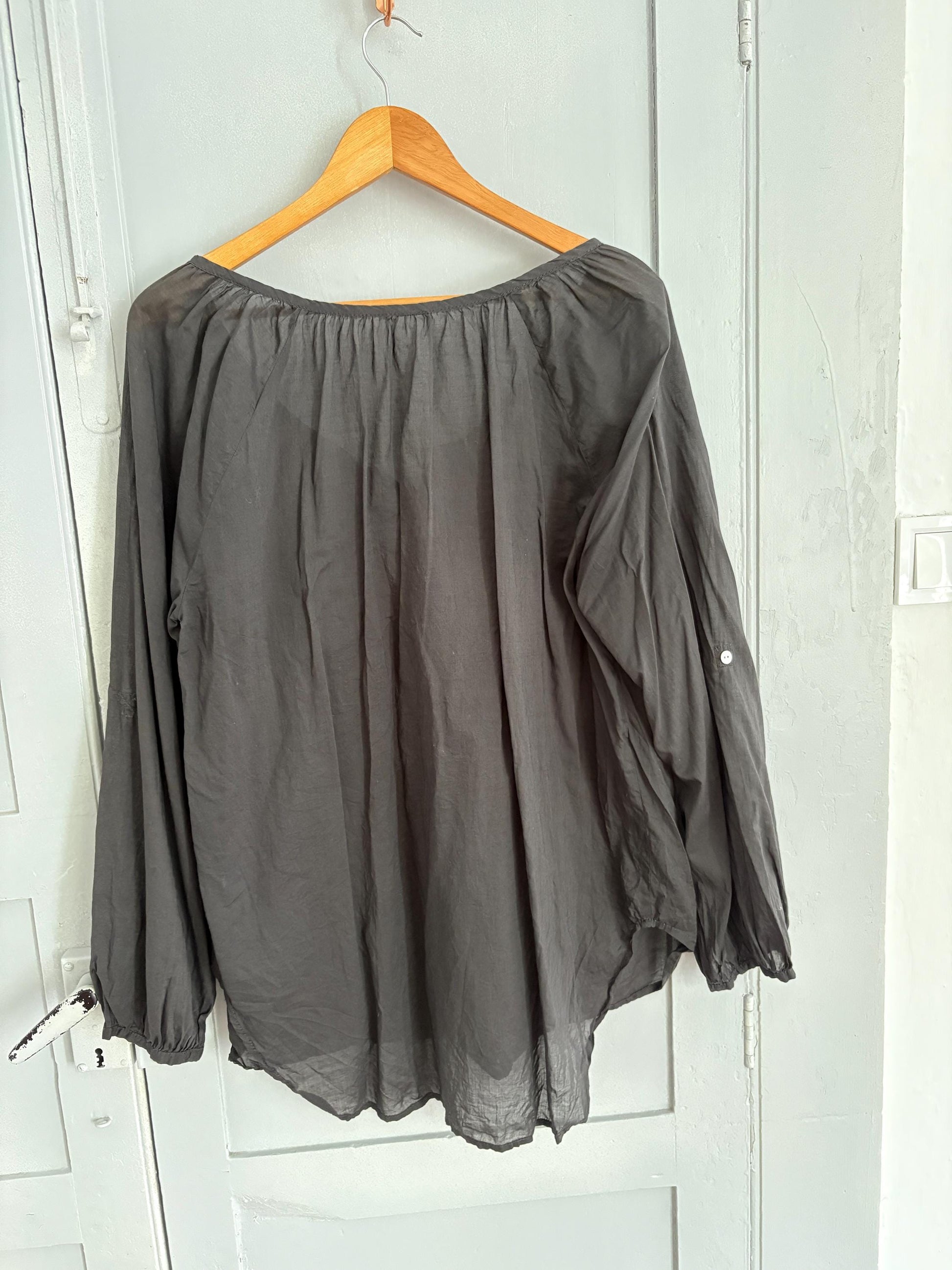 Grey sheer blouse, See through summer shirt with mother of pearl buttons, open neckline romantic holiday wear, US L, street style