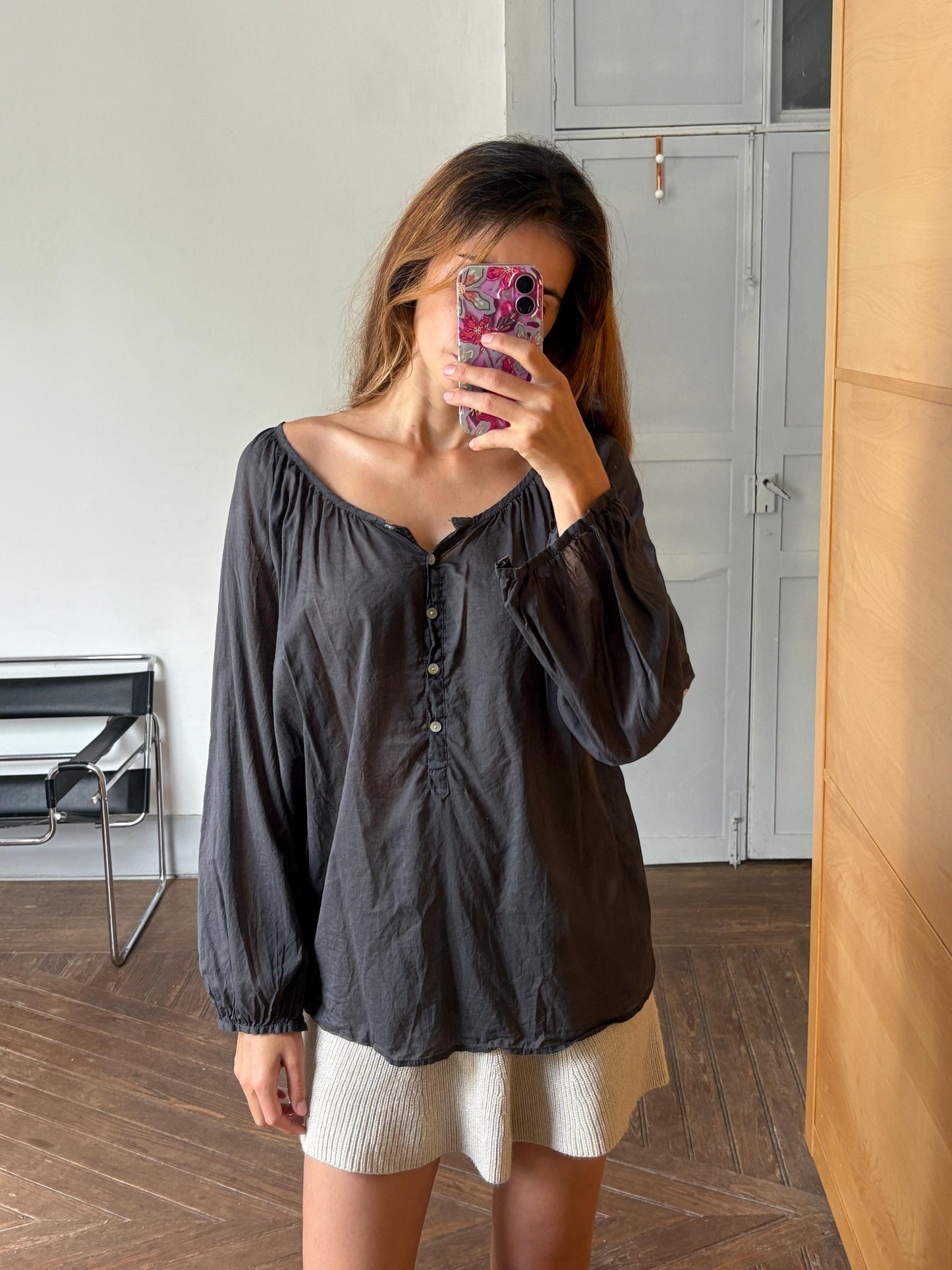 Grey sheer blouse, See through summer shirt with mother of pearl buttons, open neckline romantic holiday wear, US L, street style