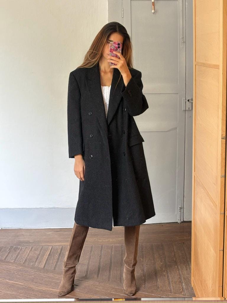 BURBERRY long Dark academia wool overcoat, Oversized winter wool jacket, Charcoal dark grey Elegant boyfriend autumn coat, Grandpa style