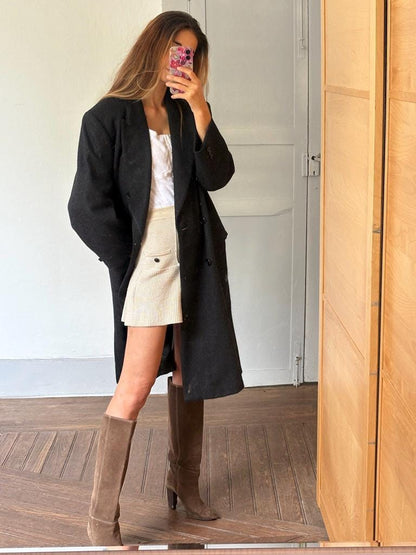 Dark Academia Wool Overcoat in Charcoal — back view