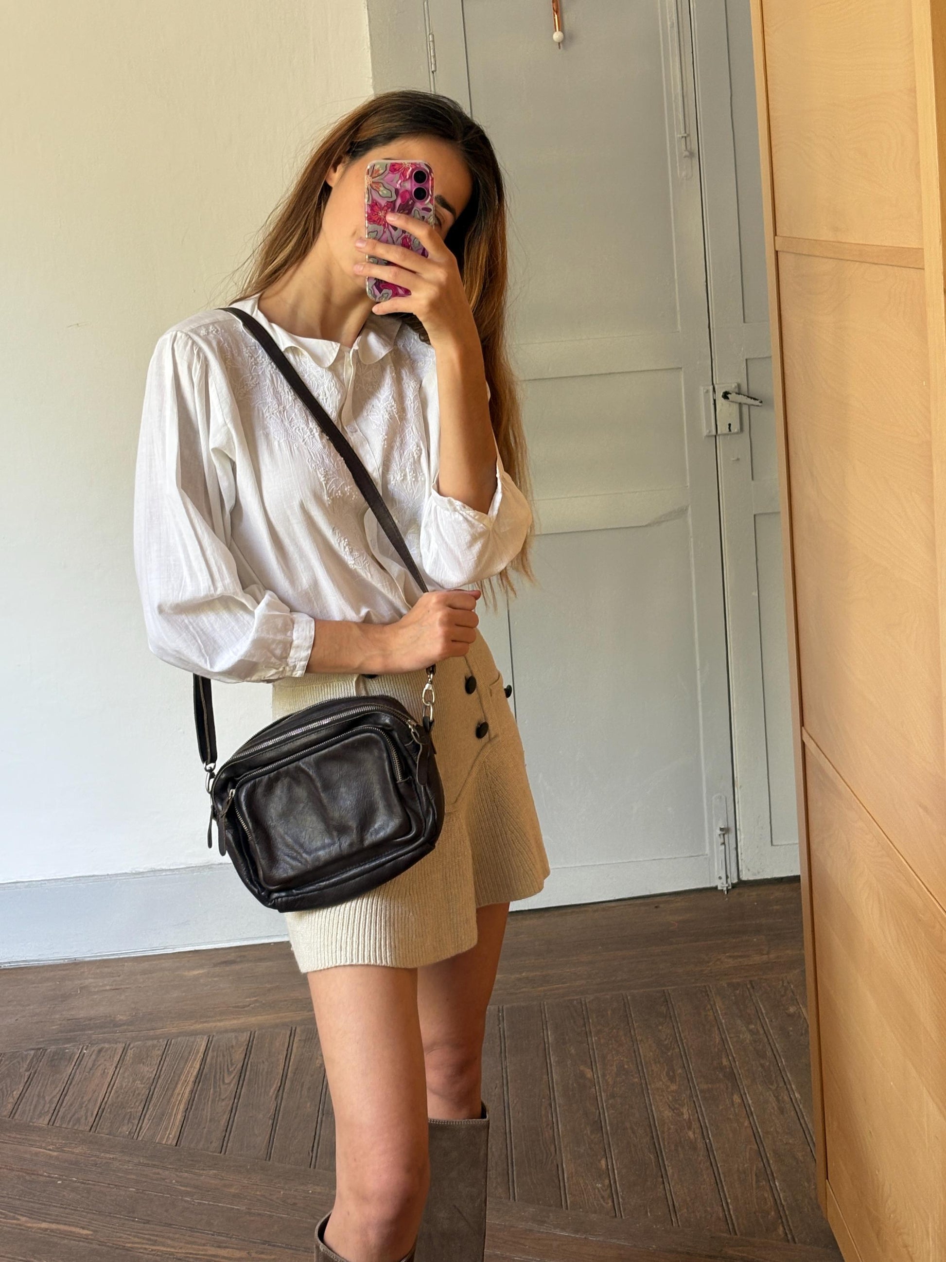 Vintage black crossbody bag, Long adjustable strap shoulder bag, Several compartment purse