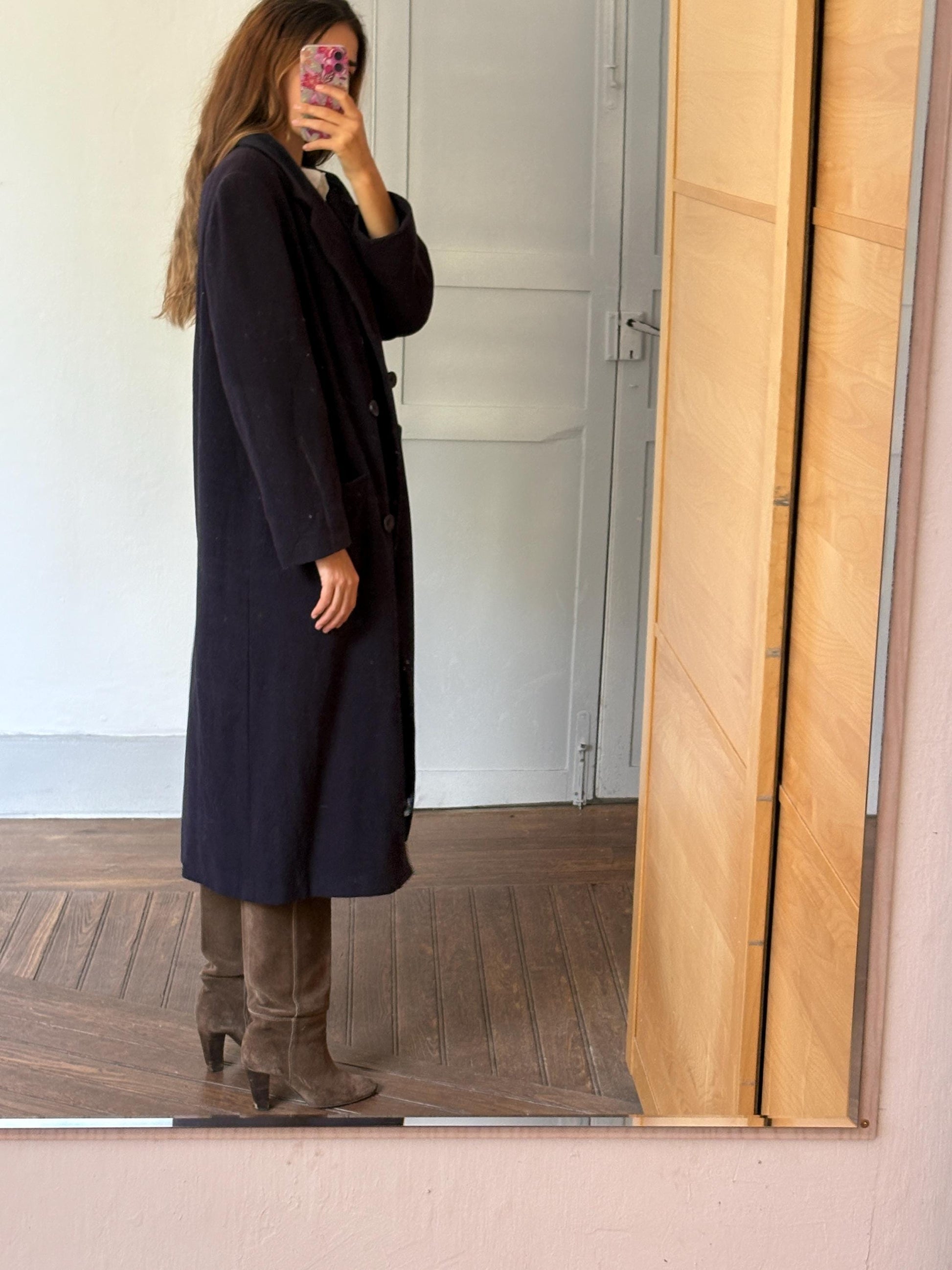 Gorgeous long dark blue wool woman coat, Elegant classic virgin wool duster, French fashion aesthetic, Vintage Gil Bret dark academia duster