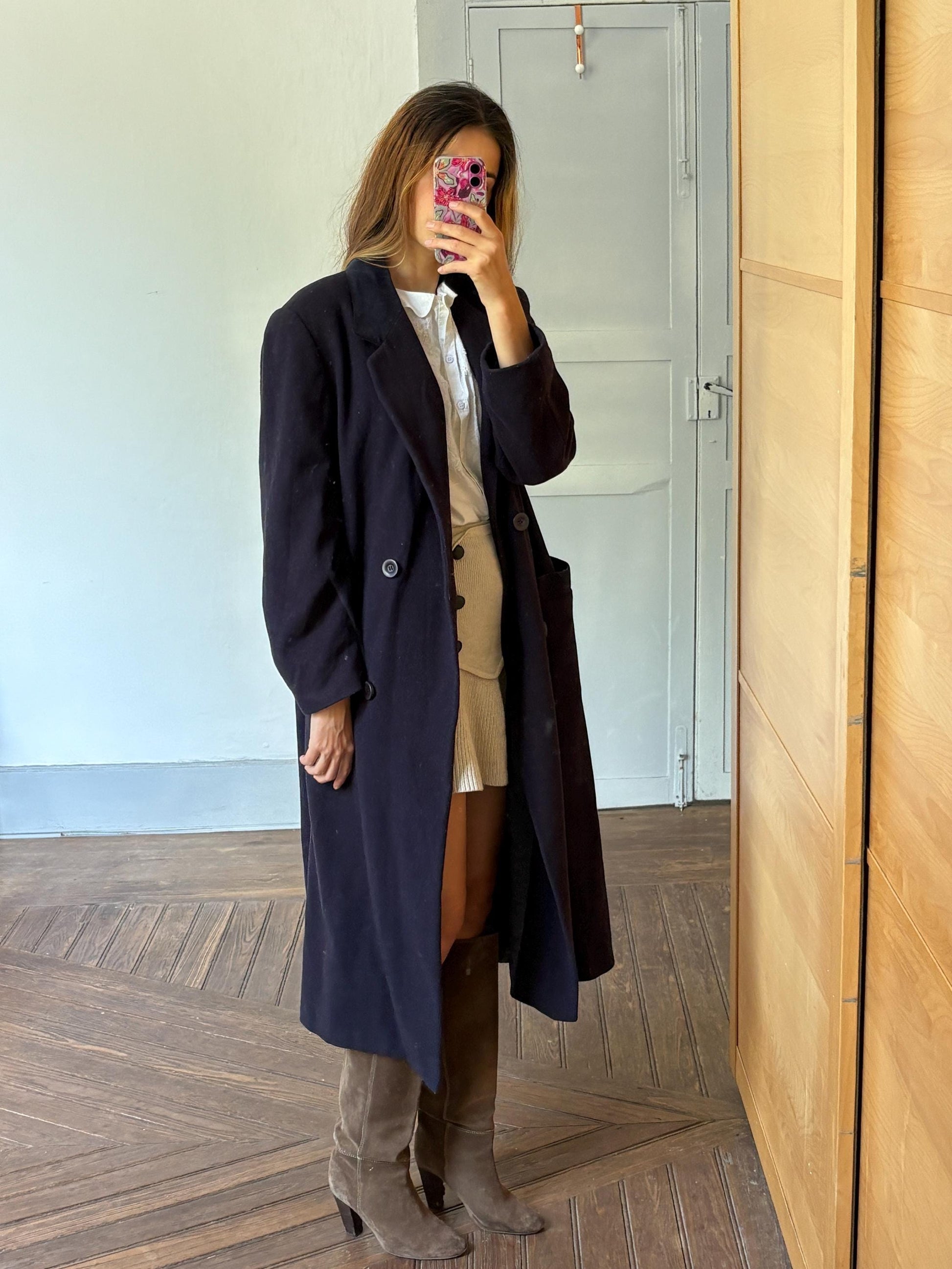 Gorgeous long dark blue wool woman coat, Elegant classic virgin wool duster, French fashion aesthetic, Vintage Gil Bret dark academia duster