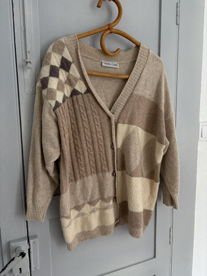 Vintage Patchwork Wool Cardigan in Soft Neutrals — fabric close-up