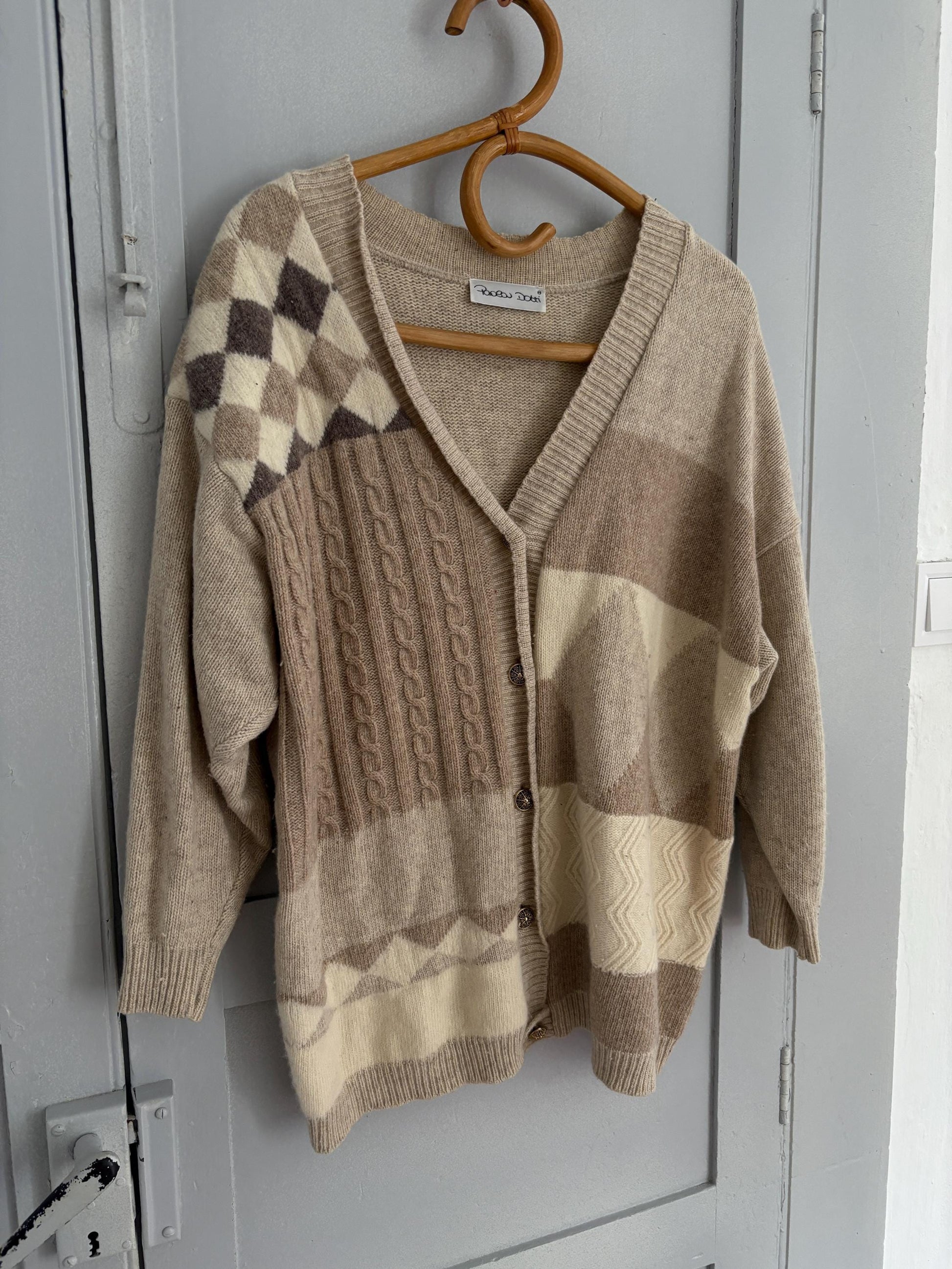 Vintage Patchwork Wool Cardigan | Lambswool Angora Blend | Soft Neutrals