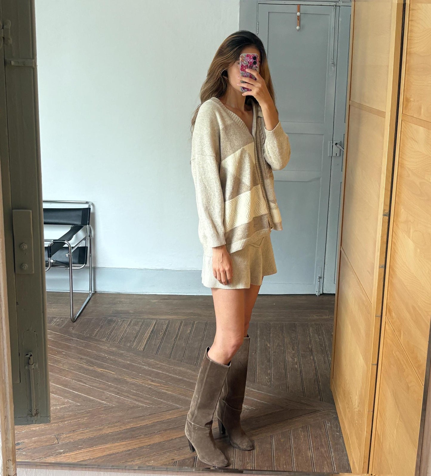 Vintage Patchwork Wool Cardigan | Lambswool Angora Blend | Soft Neutrals