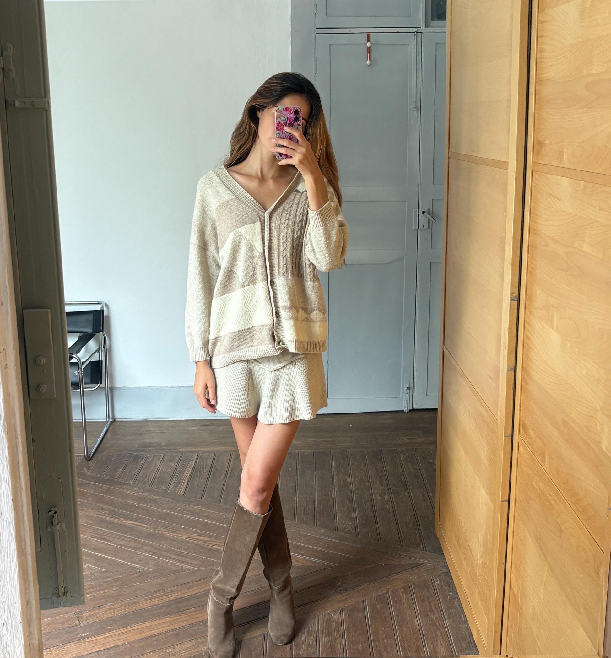 Vintage Patchwork Wool Cardigan | Lambswool Angora Blend | Soft Neutrals