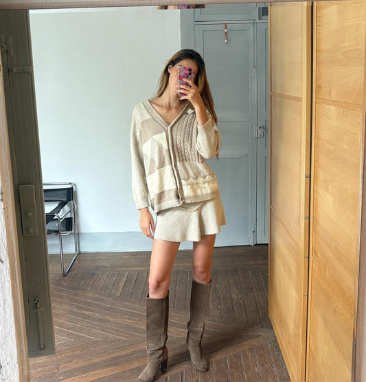 Lambs Wool vintage beige and white woman cardigan, Luxurious Vintage angora retro vest, Wool blend winter jumper, Light academia smart style