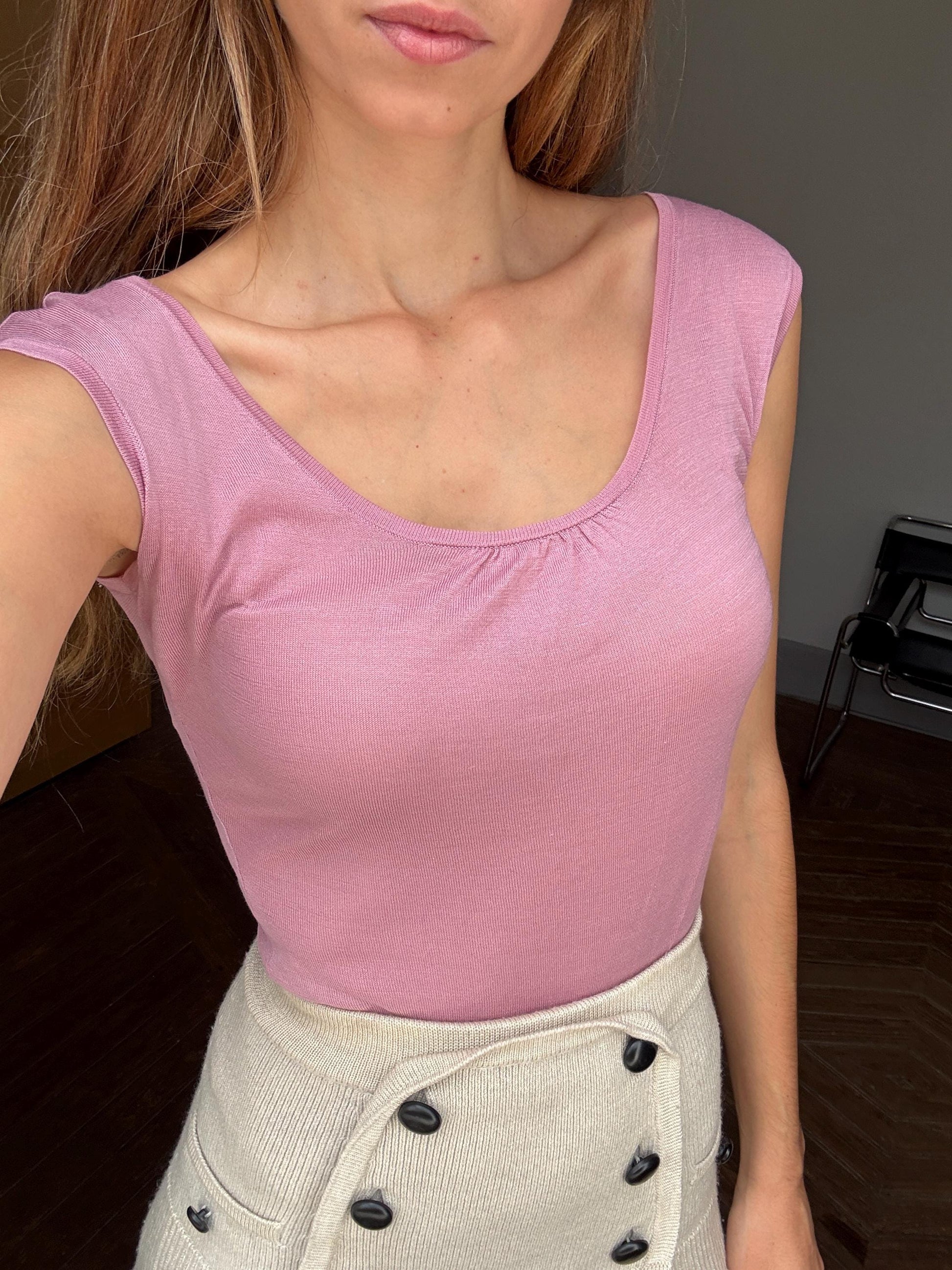 Vintage soft pink Camisole Top, Elegant warm pink Boho Chic Y2k tank top, Sexy see open neckline Lightweight cotton summer woman clothing