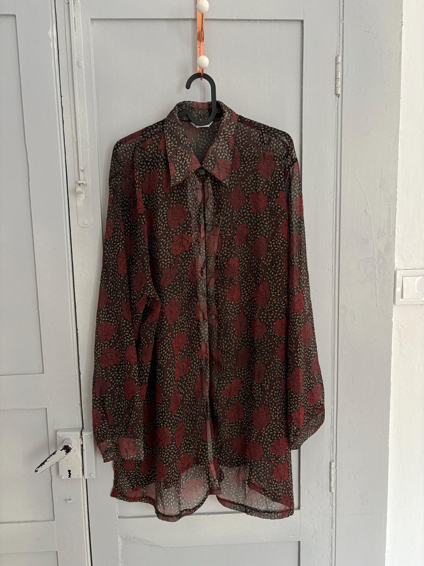 Sheer black floral button down shirt, wrap top, See through feminine beach wear, Dark gothic sheer floral blouse, Lightweight summer shirt