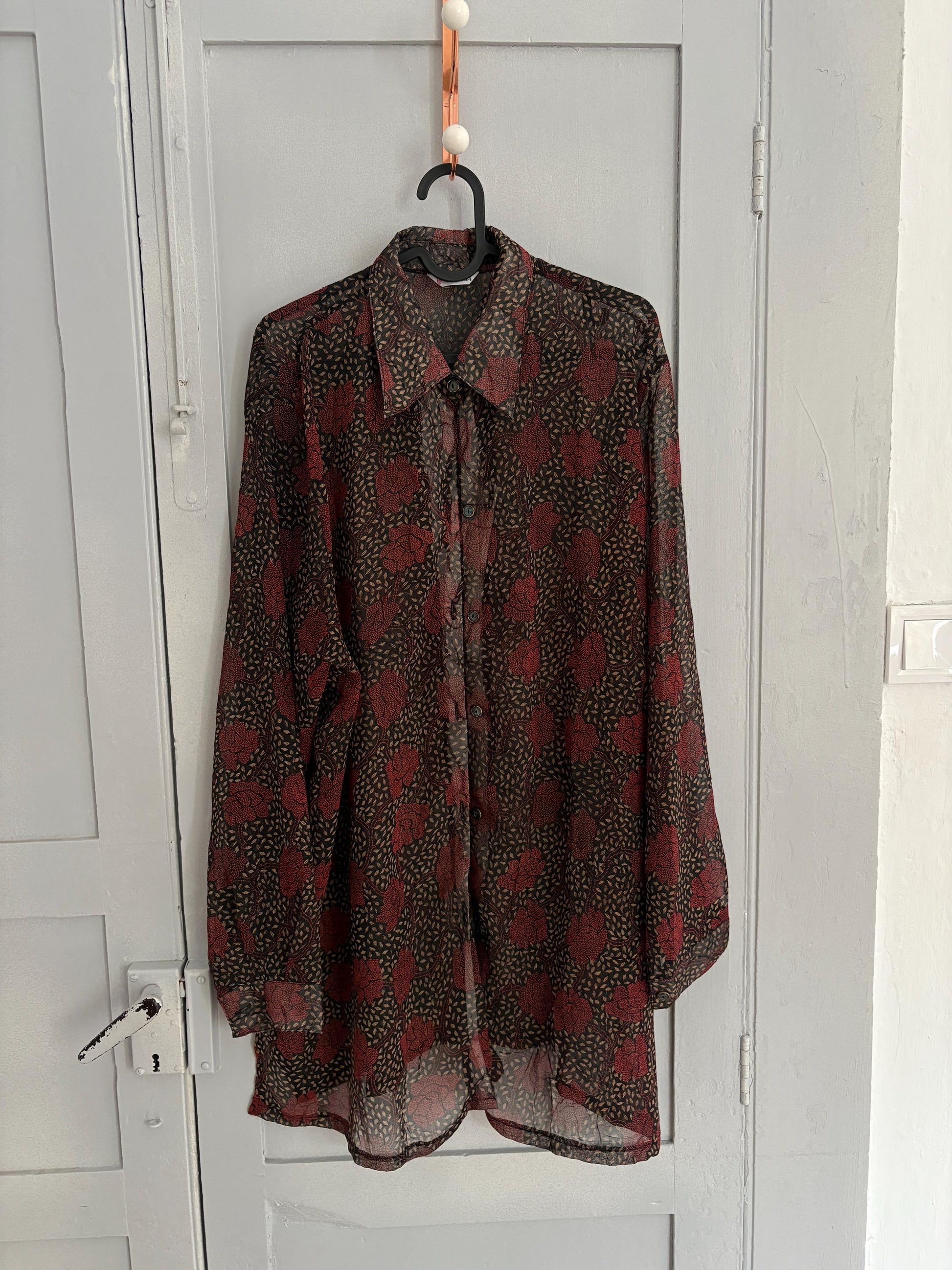 Sheer black floral button down shirt, wrap top, See through feminine beach wear, Dark gothic sheer floral blouse, Lightweight summer shirt