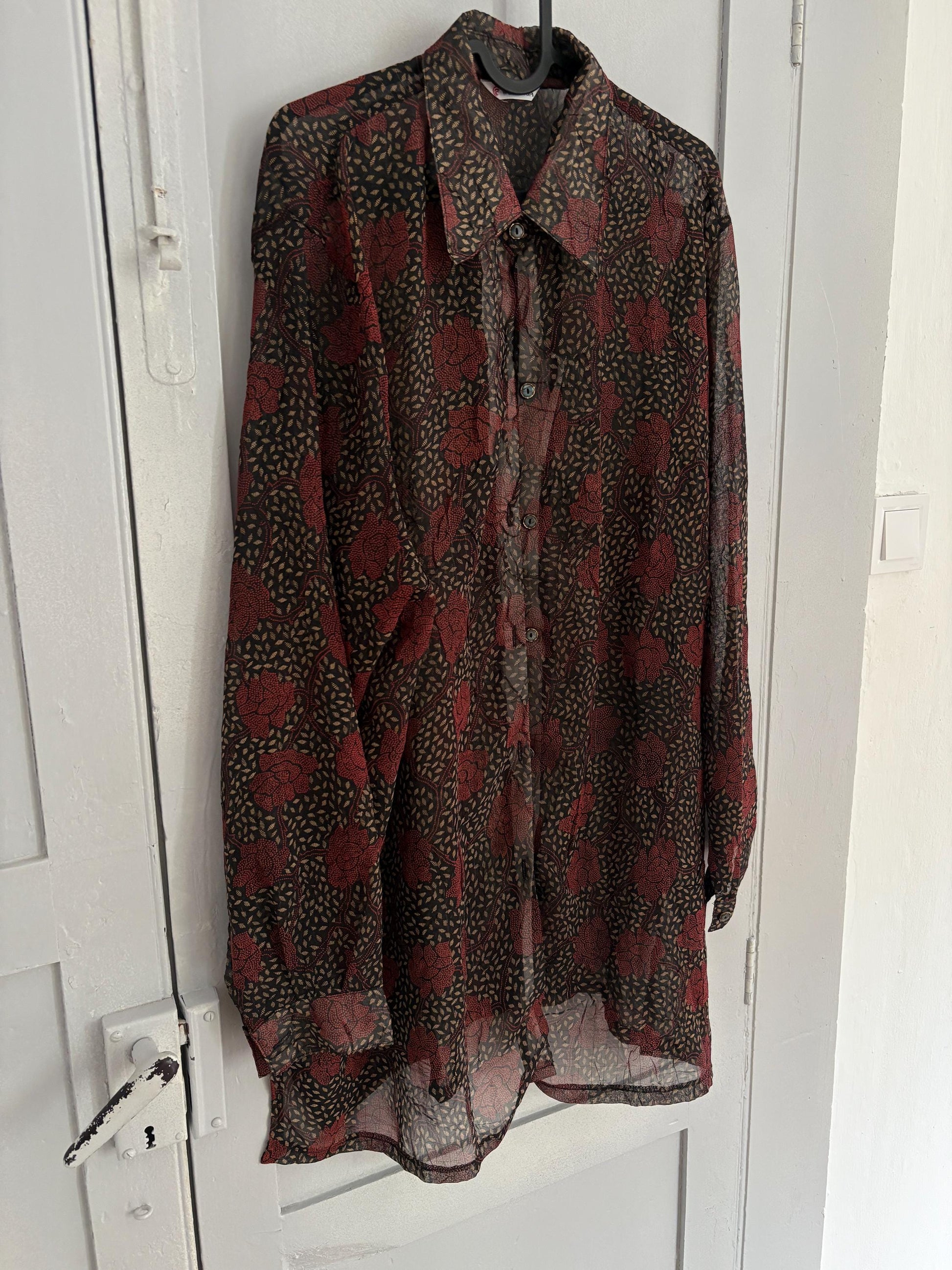 Sheer black floral button down shirt, wrap top, See through feminine beach wear, Dark gothic sheer floral blouse, Lightweight summer shirt