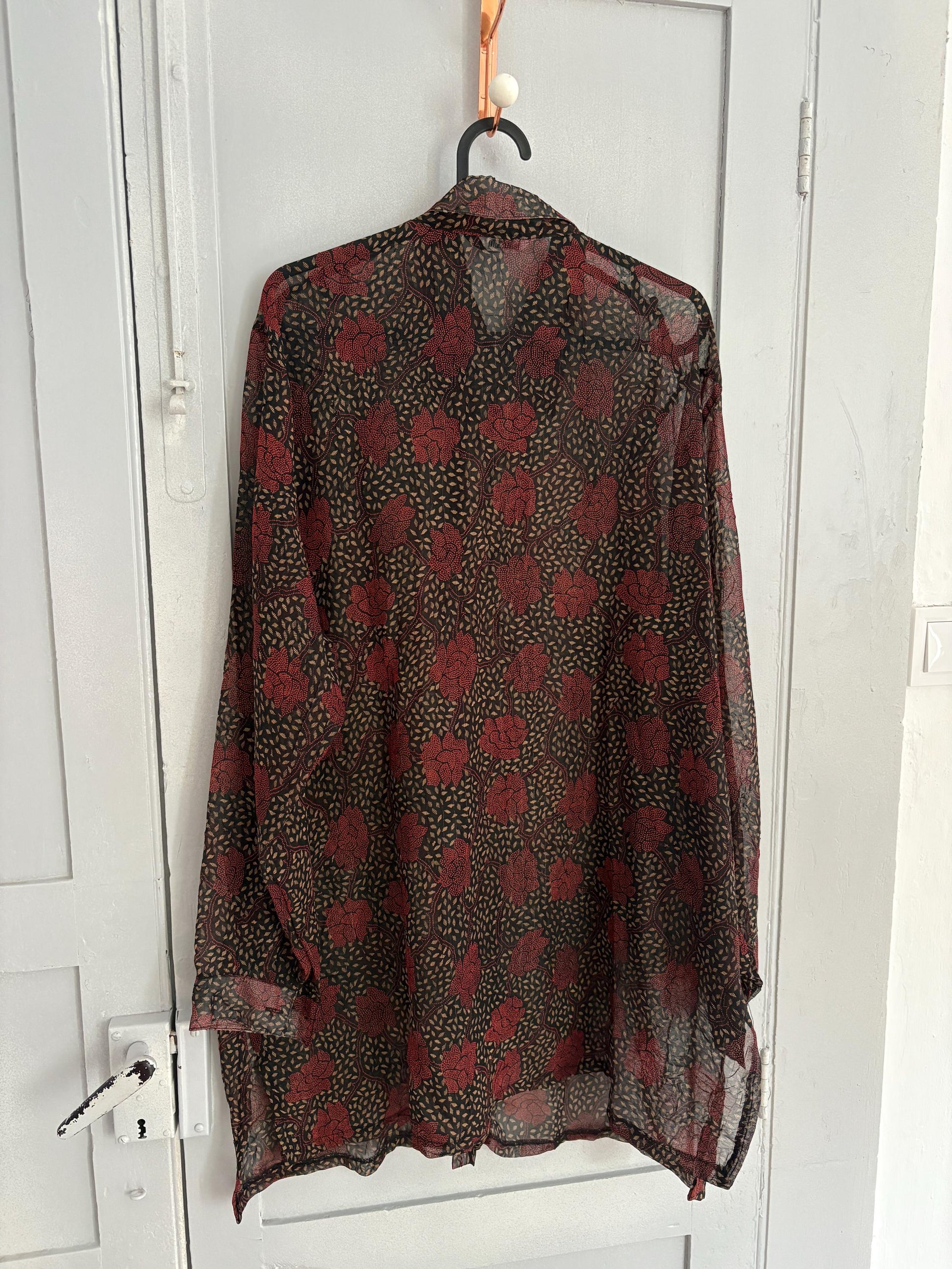 Sheer black floral button down shirt, wrap top, See through feminine beach wear, Dark gothic sheer floral blouse, Lightweight summer shirt