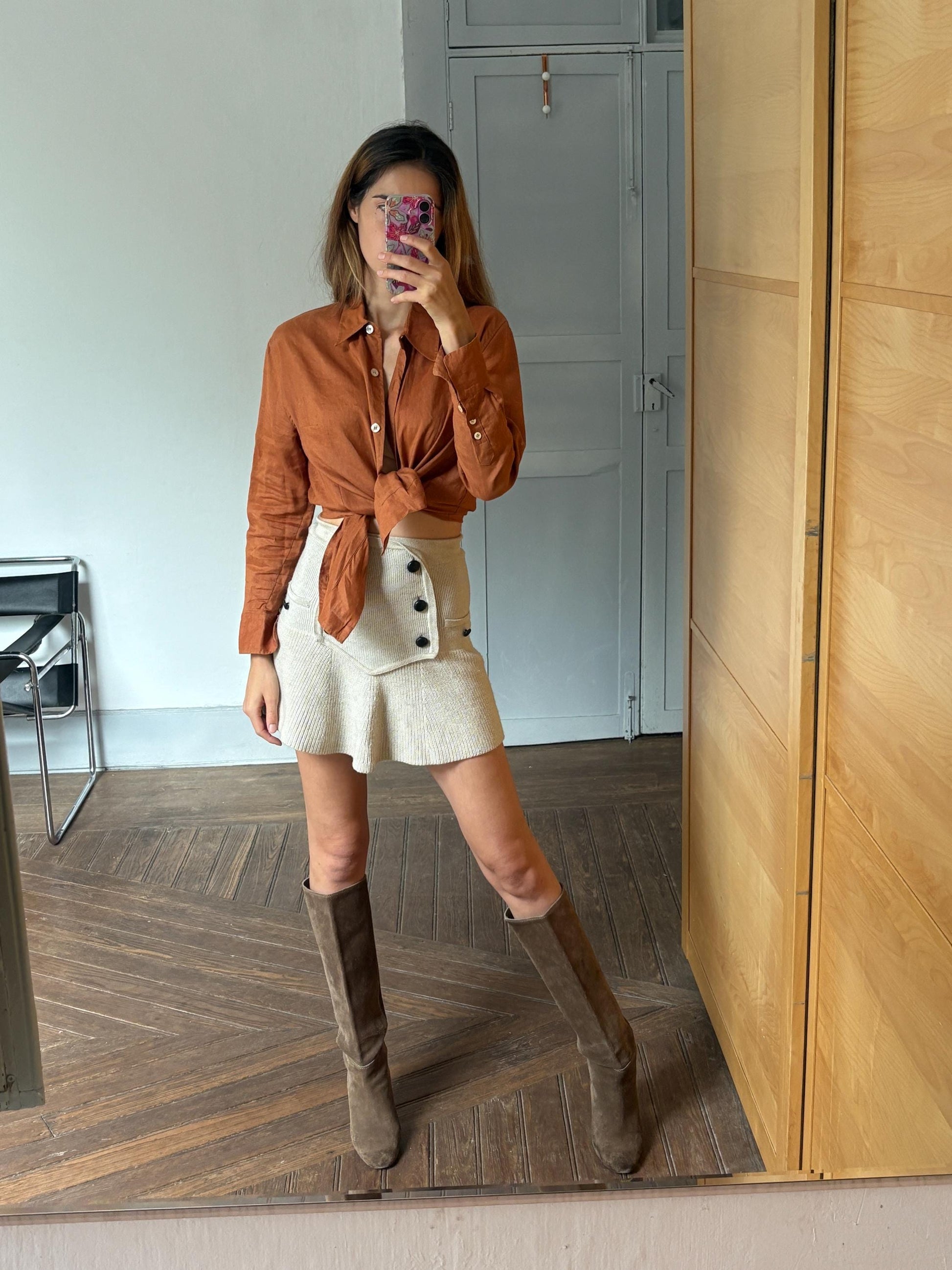 Vintage burnt orange woman blouse, Button up retro biodegradable ramie shirt, Vintage Zara plant fiber shirt, Earthy Sustainable fashion