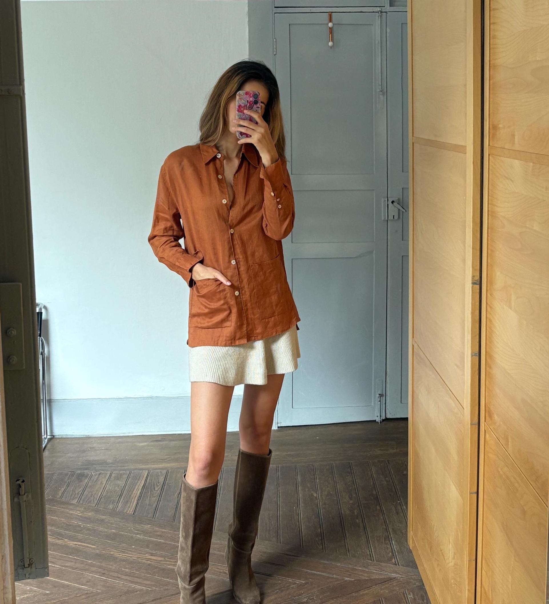 Vintage burnt orange woman blouse, Button up retro biodegradable ramie shirt, Vintage Zara plant fiber shirt, Earthy Sustainable fashion