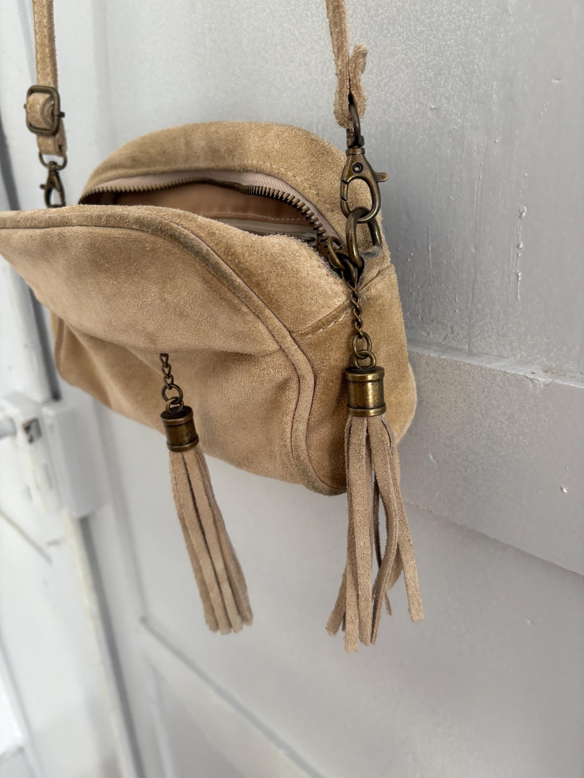 Vintage Italian Suede Leather Crossbody Bag with Tassels | Adjustable Strap