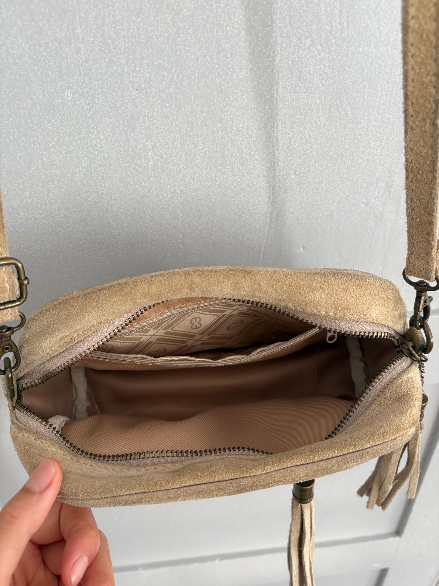 Natural earth beige suede leather small bag, Vintage genuine leather small tiny crossbody bag, Long strap shoulder Tassle Festival purse