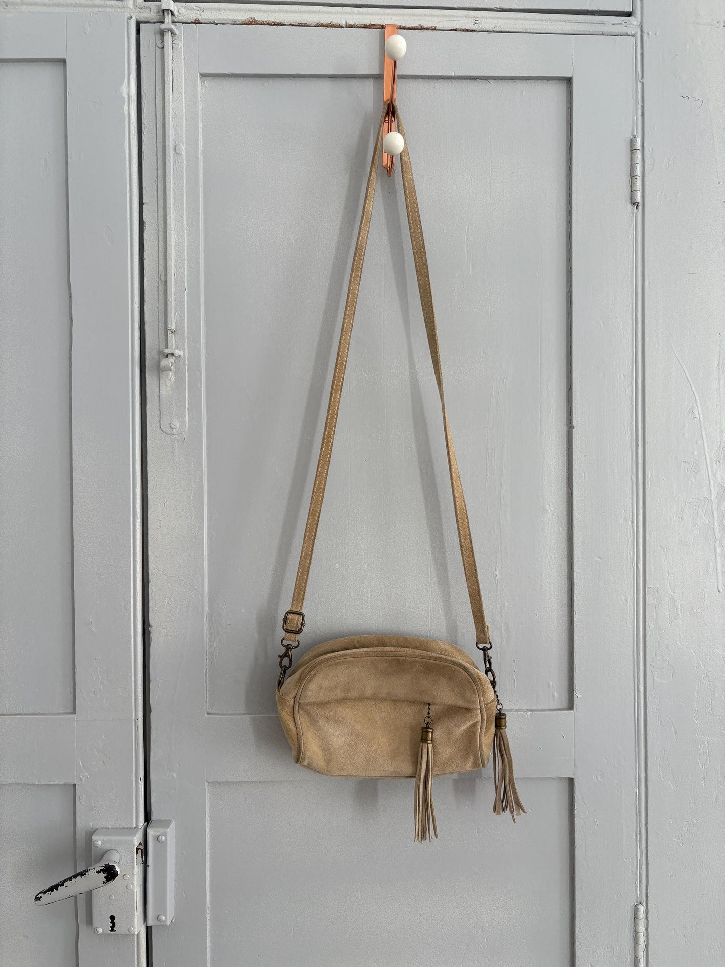 Natural earth beige suede leather small bag, Vintage genuine leather small tiny crossbody bag, Long strap shoulder Tassle Festival purse