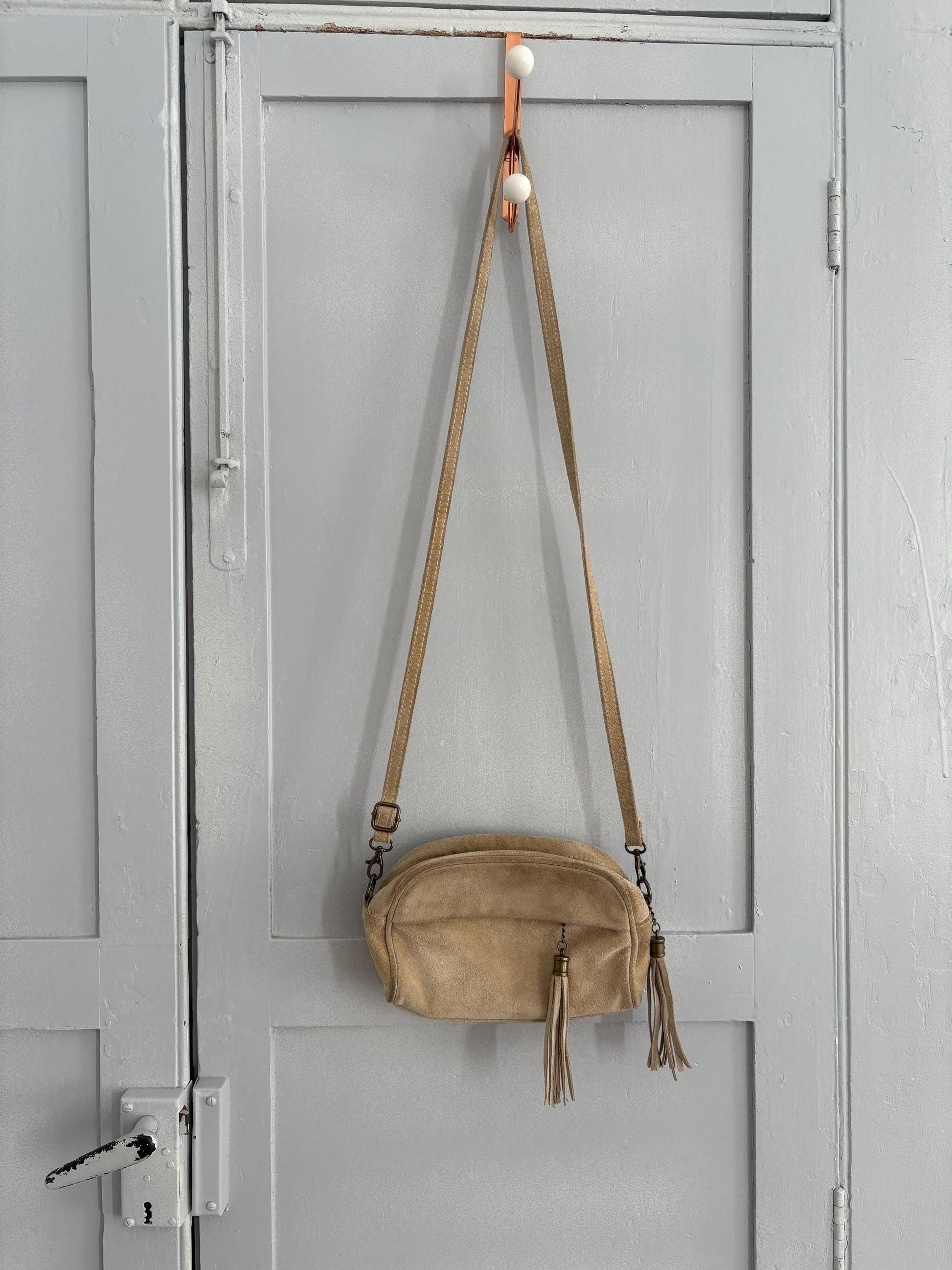 Natural earth beige suede leather small bag, Vintage genuine leather small tiny crossbody bag, Long strap shoulder Tassle Festival purse
