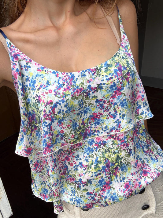 Vintage GUESS floral camisole, Y2k spaghetti loose layered tank top, Sexy see open neckline woman clothing, floral print corset top, L