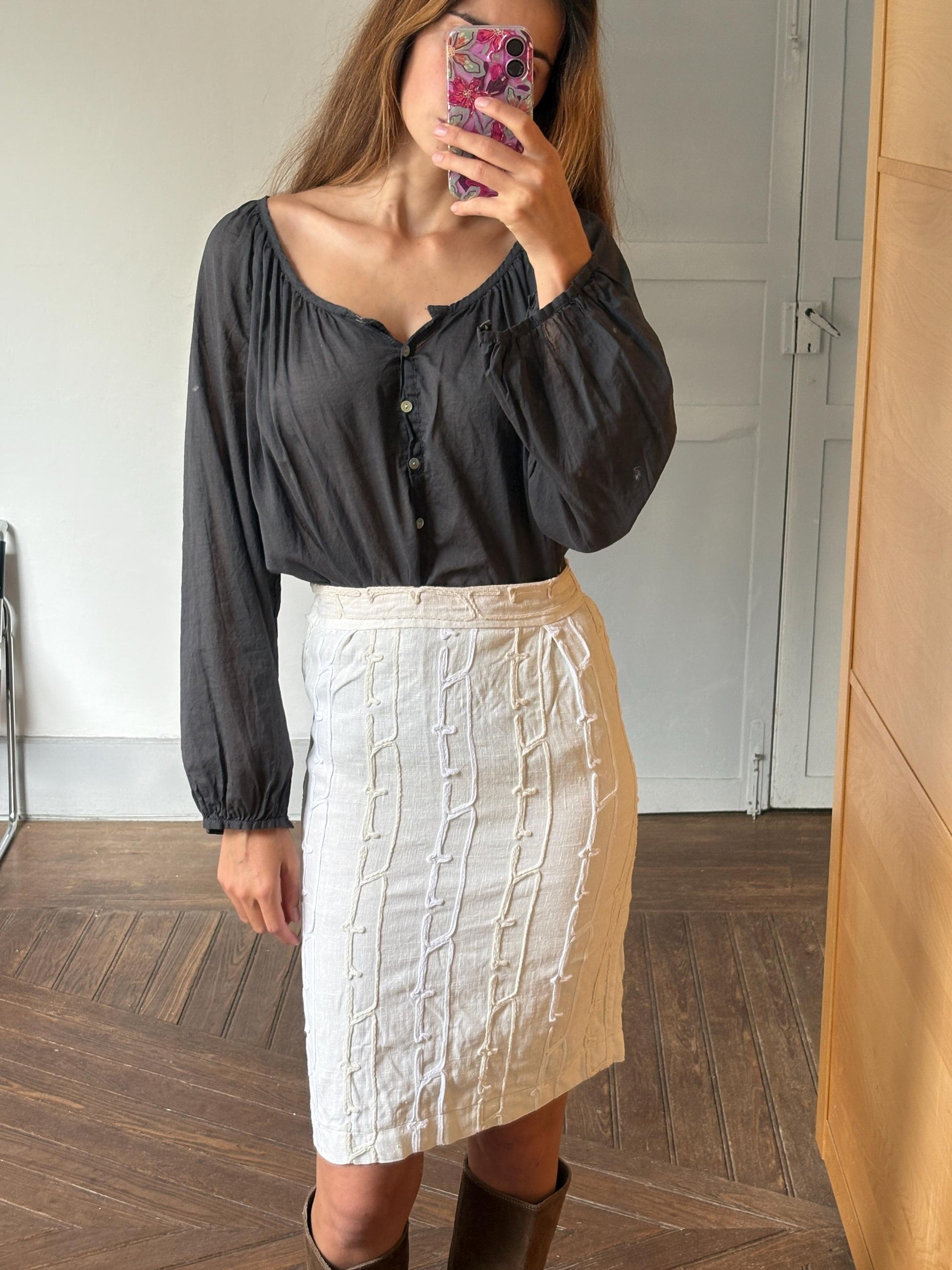 Vintage HANDMADE white textured pencil skirt, Apolyptic elegant woman clothing, High Waisted Midi Skirt, Unique design