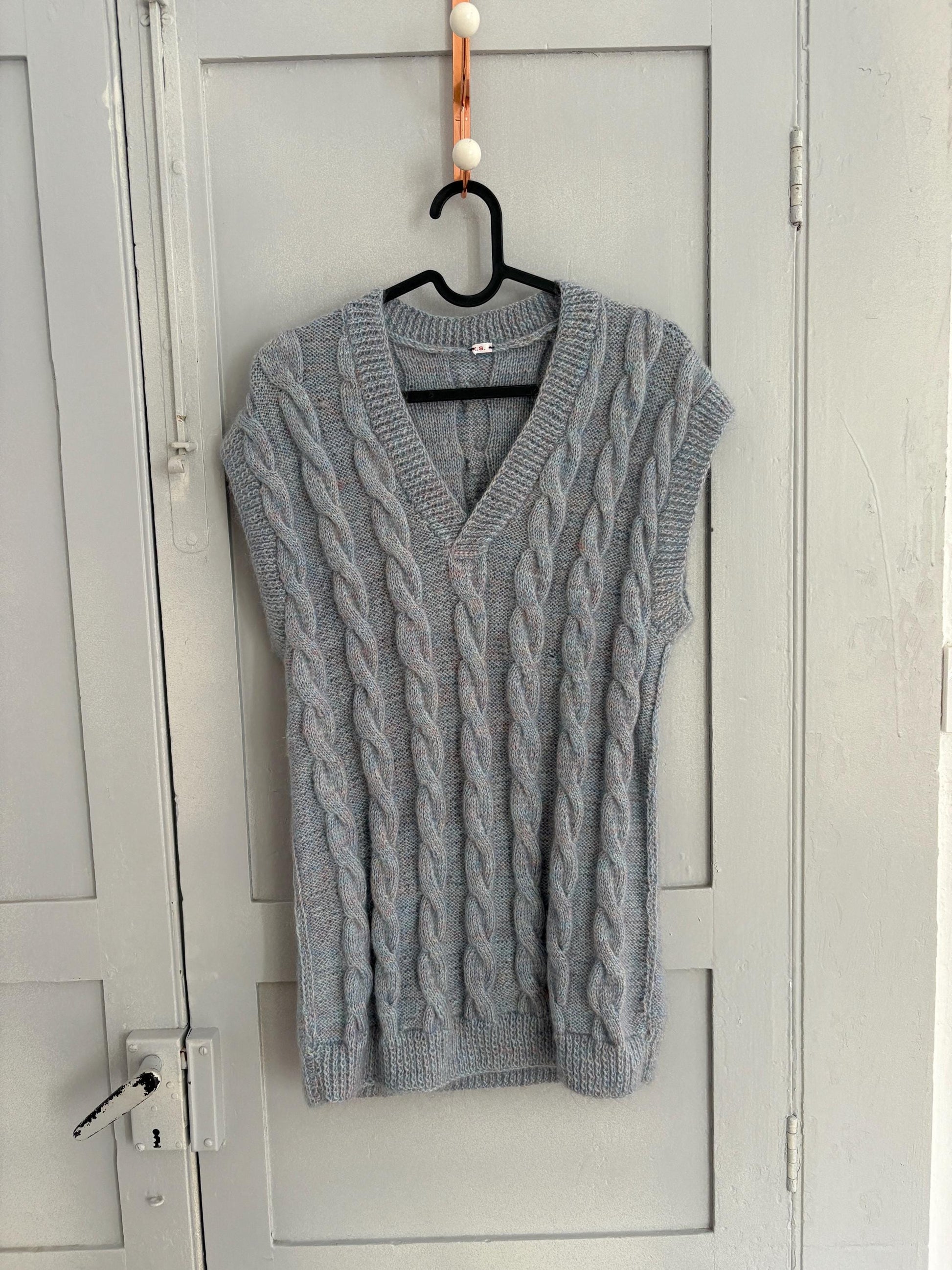 Vintage blue hand knit waistcoat, Light academia winter knitwear